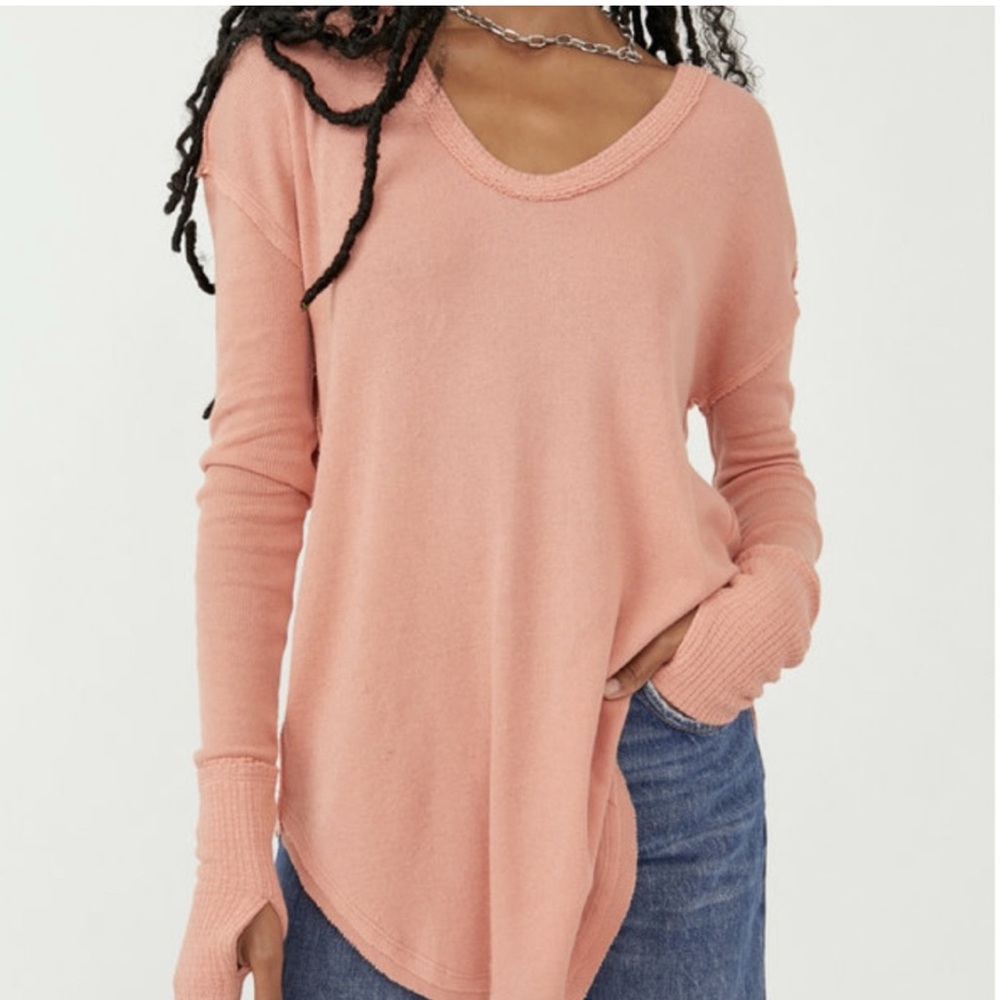 Free People Blush Pink/Peach V-Neck Long Sleeve Top